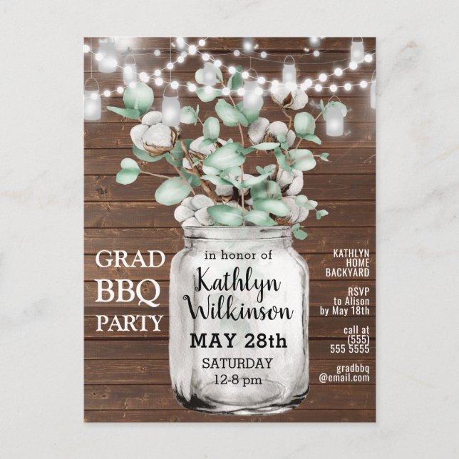 Eucalyptus Mason Jar Graduation Party Invitation Postcard (Front)