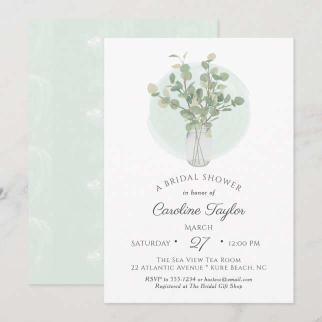 Eucalyptus Mason Jar Vase Boho Bridal Shower Invitation (Front/Back)
