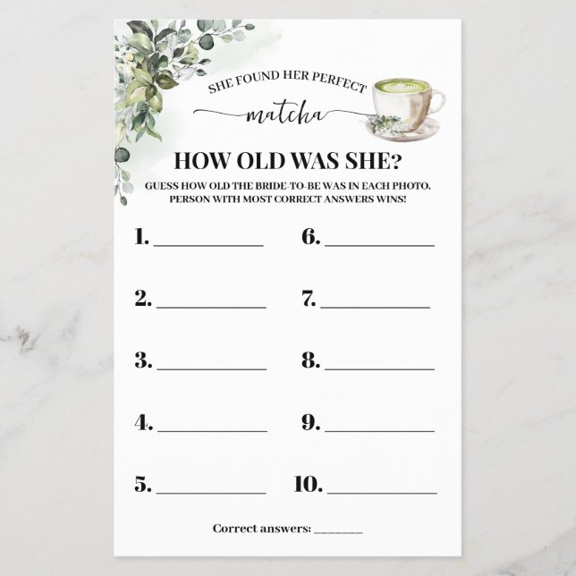 Eucalyptus Matcha How old was She Shower Game Card (Front)