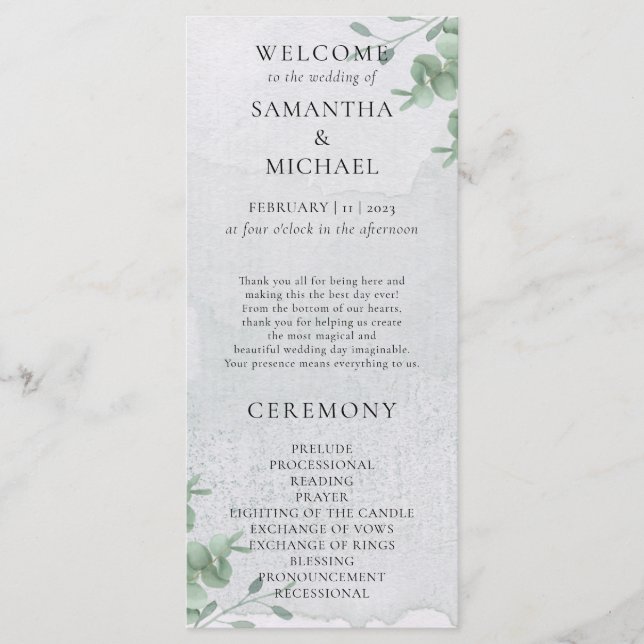 Eucalyptus minimal modern program wedding menu (Front)
