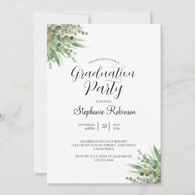Eucalyptus Modern Calligraphy Graduation Party  Invitation (Front)
