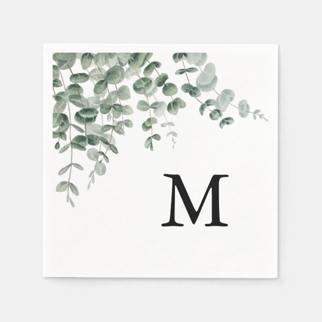 Eucalyptus Modern Calligraphy Monogram Wedding Napkin (Front)