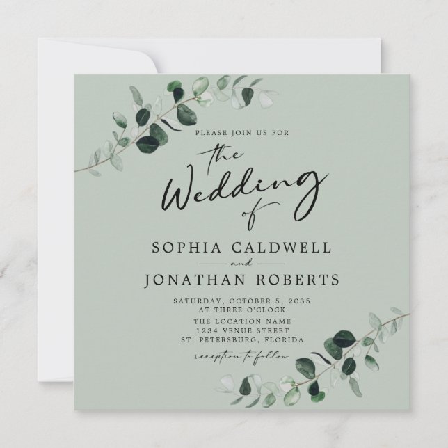 Eucalyptus Modern Calligraphy QR Code Sage Wedding Invitation (Front)