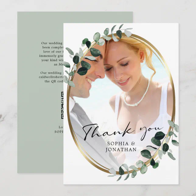 Eucalyptus Modern Calligraphy QR Code Wedding Than Thank You Card | Zazzle