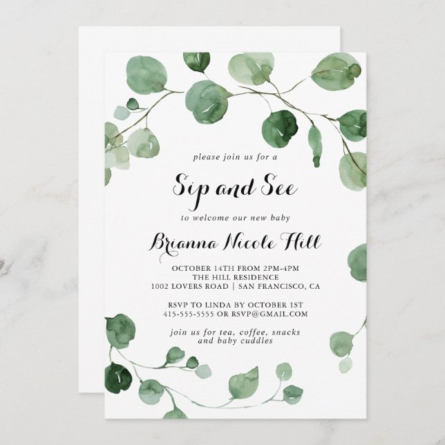Eucalyptus Modern Calligraphy Sip and See  Invitation (Front/Back)