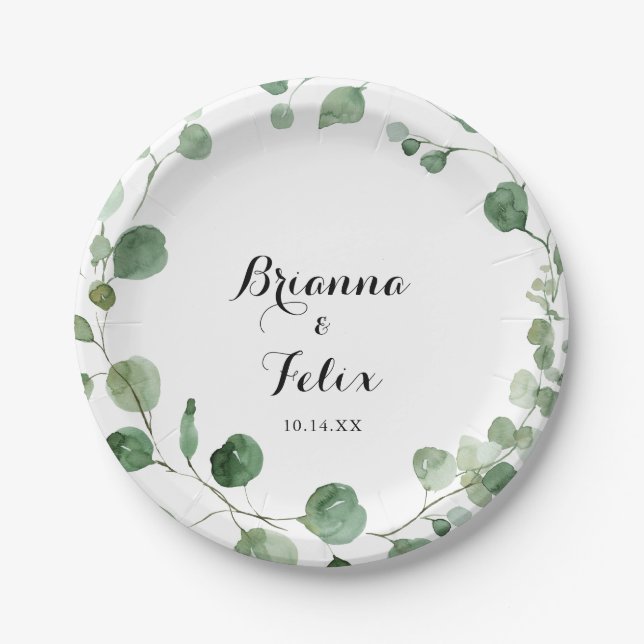 Eucalyptus Modern Calligraphy Wedding Cake  Paper Plate (Front)