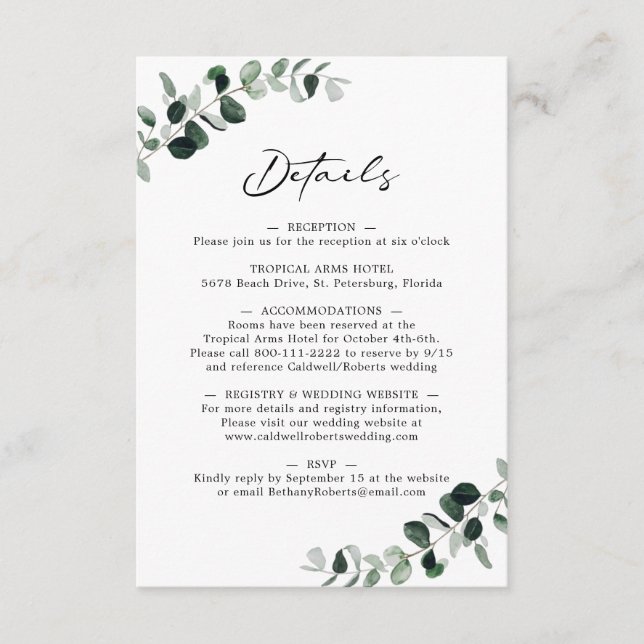 Eucalyptus Modern Calligraphy Wedding Details Enclosure Card (Front)