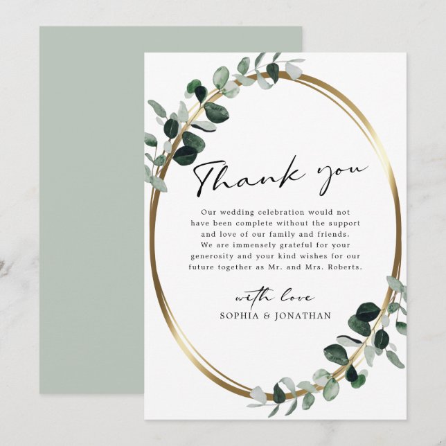 Eucalyptus Modern Calligraphy White Sage Wedding Thank You Card (Front/Back)