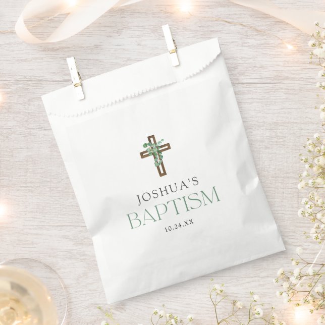 Eucalyptus Modern Cross Baptism Favours Favour Bags (Clipped)