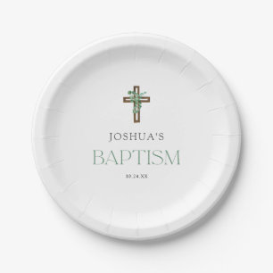 Eucalyptus Modern Cross Baptism Party Paper Plate