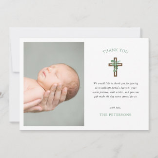 Eucalyptus Modern Cross Baptism Photo Thank You Card