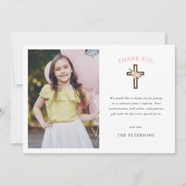 Eucalyptus Modern Cross Baptism Thank You Card (Front)