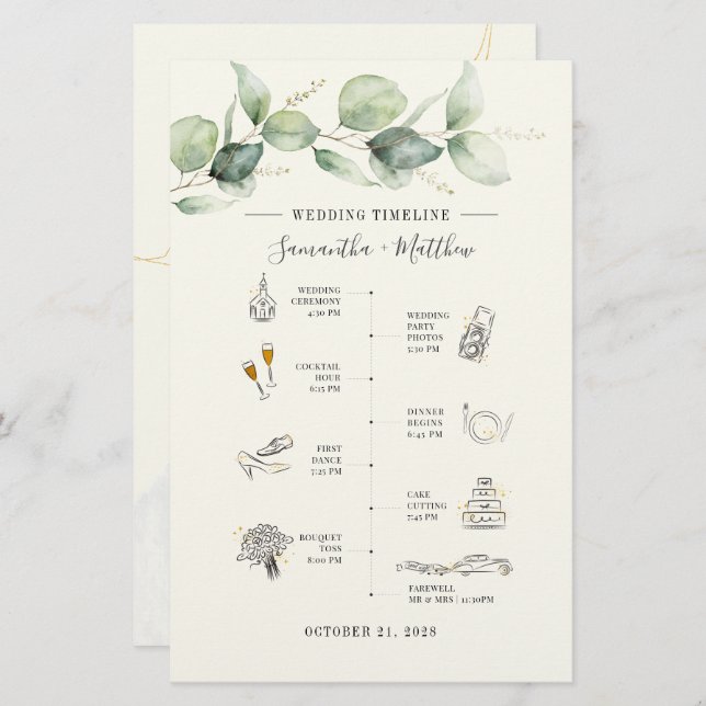 Eucalyptus Modern Icon Wedding Itinerary Program Stationery (Front/Back)