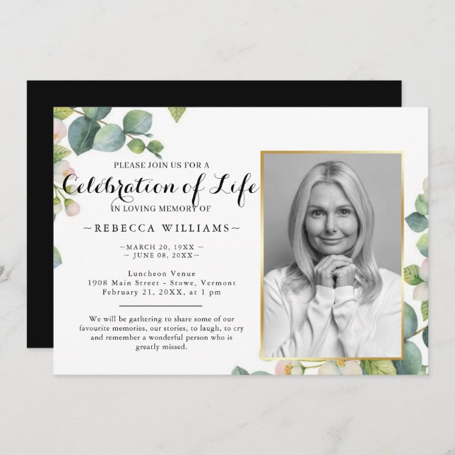 Eucalyptus Modern Photo Celebration of life Invitation (Front/Back)