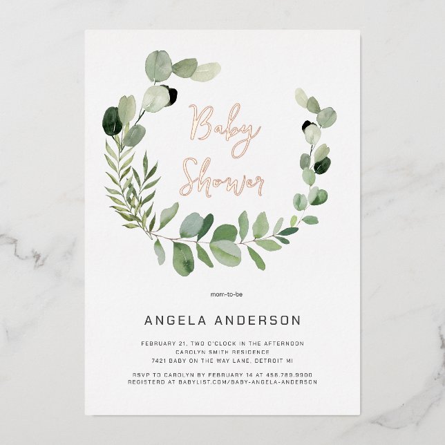Eucalyptus Modern Simplicity Baby Shower Rose Foil (Front)