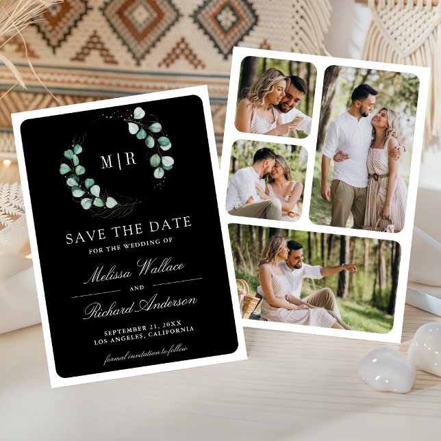 Eucalyptus Monogram Photo Collage Black Wedding Save The Date (Creator Uploaded)