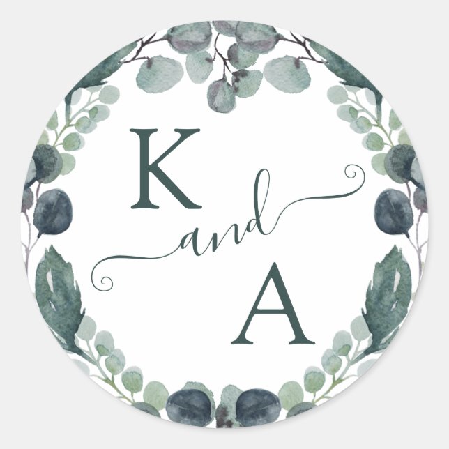 Eucalyptus Monogram Watercolor Wedding Classic Round Sticker (Front)