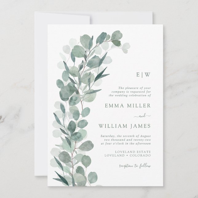 Eucalyptus Monogrammed Wedding Invitation (Front)