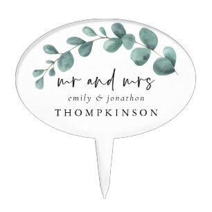 Eucalyptus Mr Mrs Script Names Wedding Cake Topper