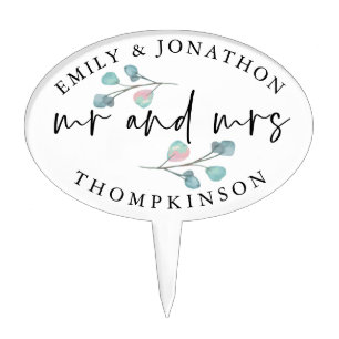 Eucalyptus Mr Mrs Script Names Wedding Cake Topper