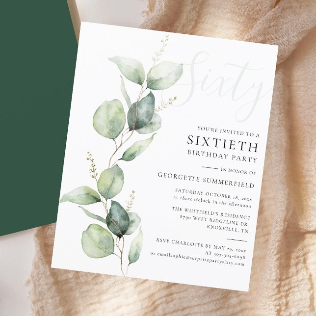 Eucalyptus Mum 60th Birthday Party Invitation (Modern Sage Green Eucalyptus 60th Birthday Party Invitation)