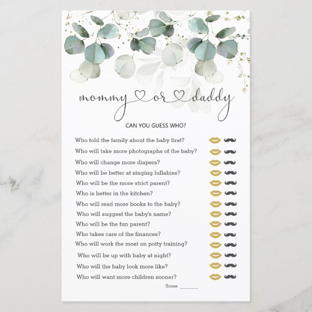 Eucalyptus Mummy or Daddy Baby Shower Game (Front)