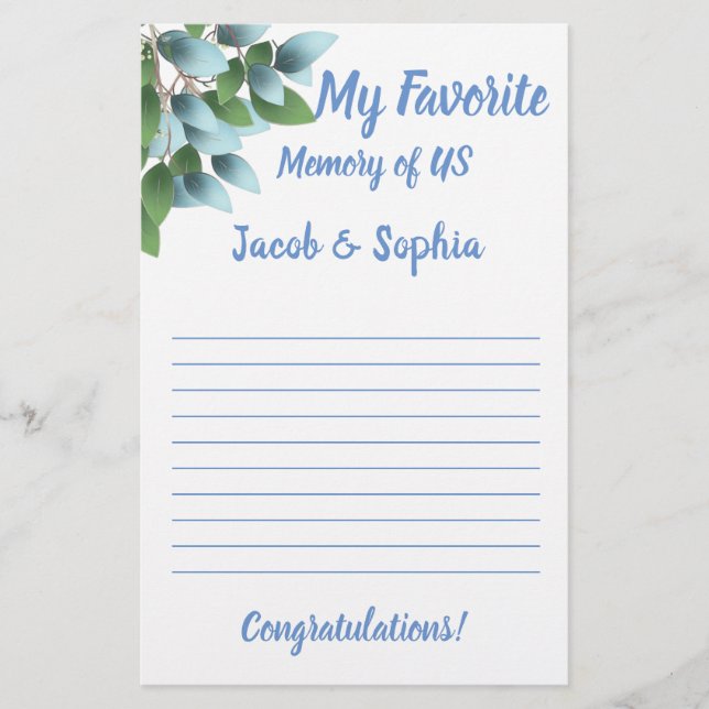 EUCALYPTUS MY MEMORY BRIDAL SHOWER GAME CARD (Front)