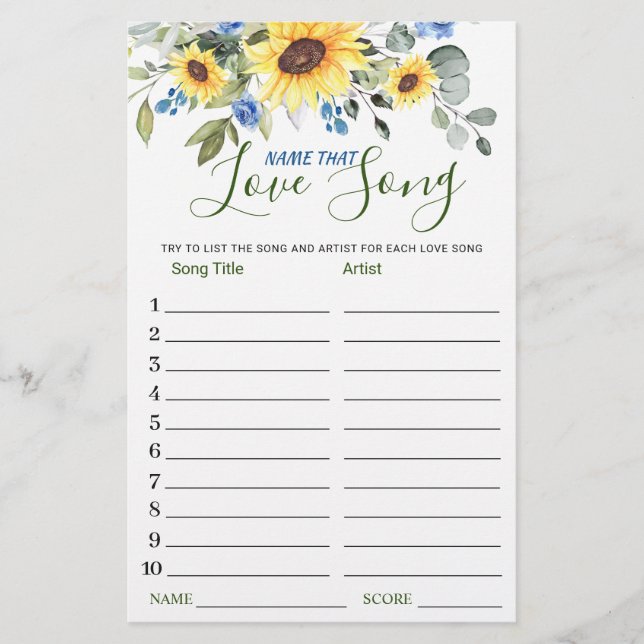 Eucalyptus Name that Love Song Bridal Shower Game (Front)