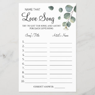 Eucalyptus Name that love song shower game card