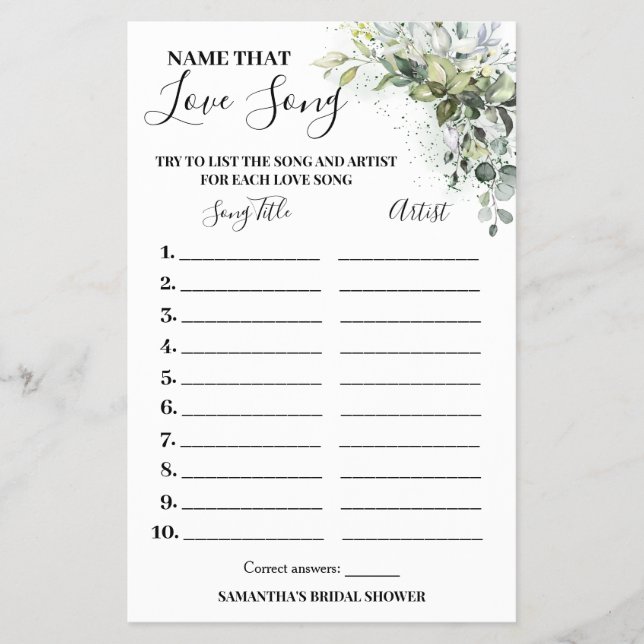 Eucalyptus Name that Love Song Shower Game Card (Front)