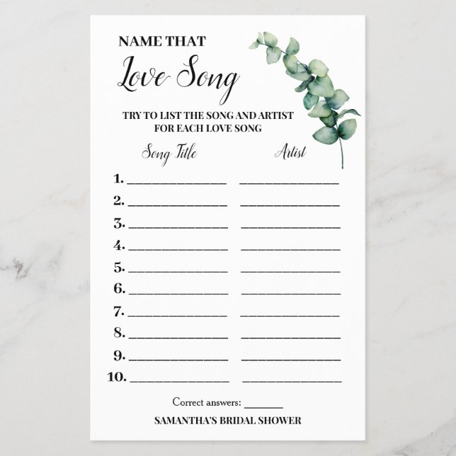 Eucalyptus Name that Love Song Shower Game Card (Front)