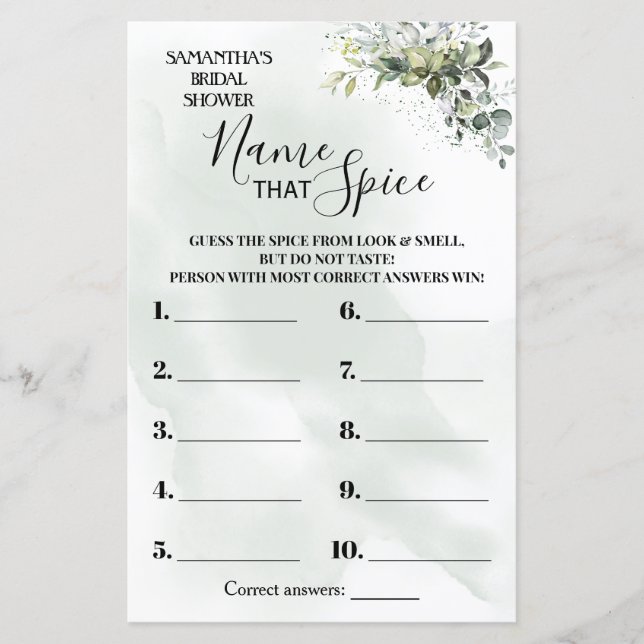 Eucalyptus Name that Spice bilingual shower game (Front)