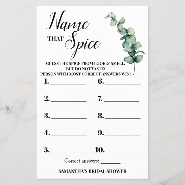 Eucalyptus Name that Spice Bridal Shower Game Card (Front)