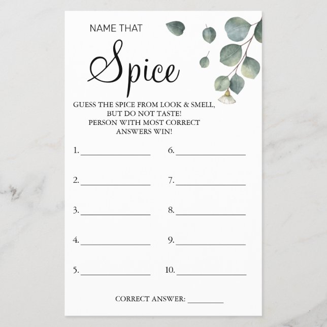 Eucalyptus Name that Spice Bridal shower game card (Front)