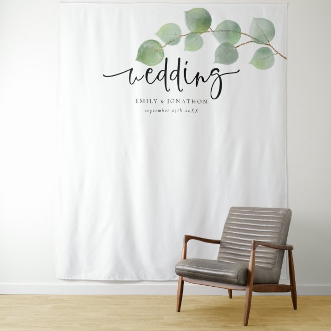 Eucalyptus Names Date Wedding Backdrop for Photos Tapestry (In Situ)