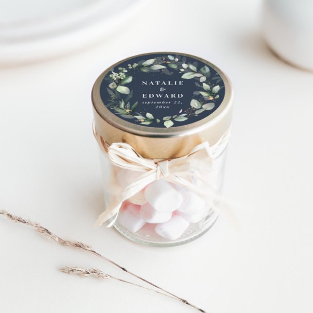 Eucalyptus navy blue botanical wedding party decor classic round sticker (Creator Uploaded)