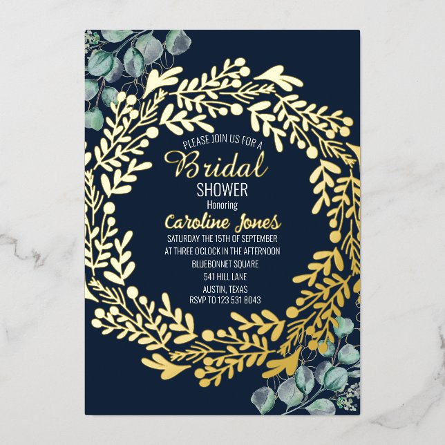 Eucalyptus Navy Blue Gold Foil Bridal Shower (Front)