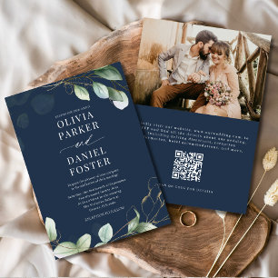 Eucalyptus Navy Blue QR Code Photo Wedding Invitation