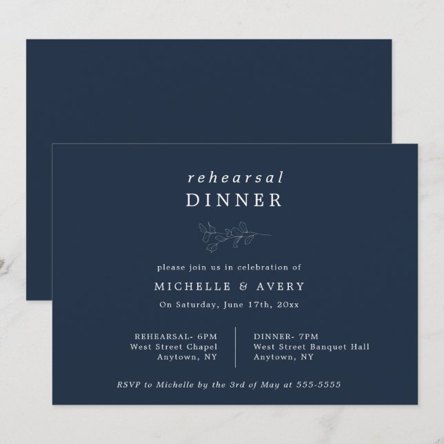 Eucalyptus Navy Blue Rehearsal Dinner Invitation (Front/Back)