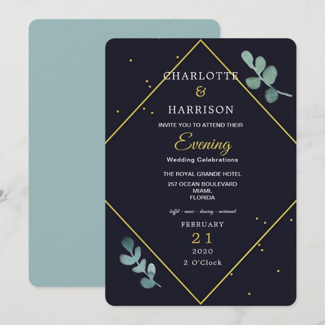 Eucalyptus Navy Gold Evening Wedding Invitation (Front/Back)
