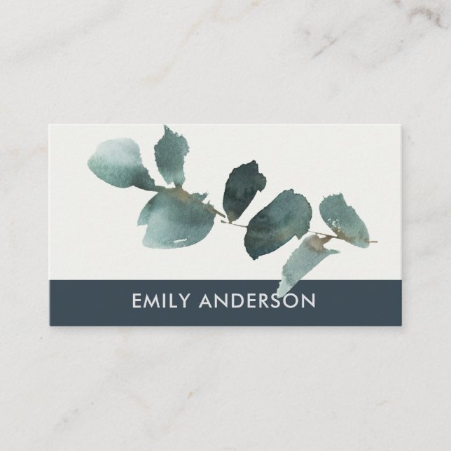 EUCALYPTUS NAVY KRAFT FOLIAGE BRANCH WATERCOLOR BUSINESS CARD (Front)