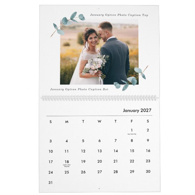 Eucalyptus Newlywed Wedding Photography Collage Calendar (Jan 2027)