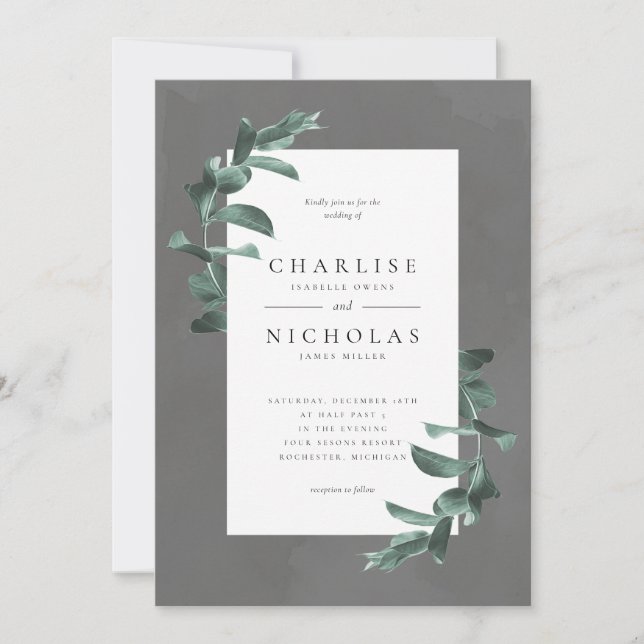 eucalyptus on grey wedding invitation (Front)