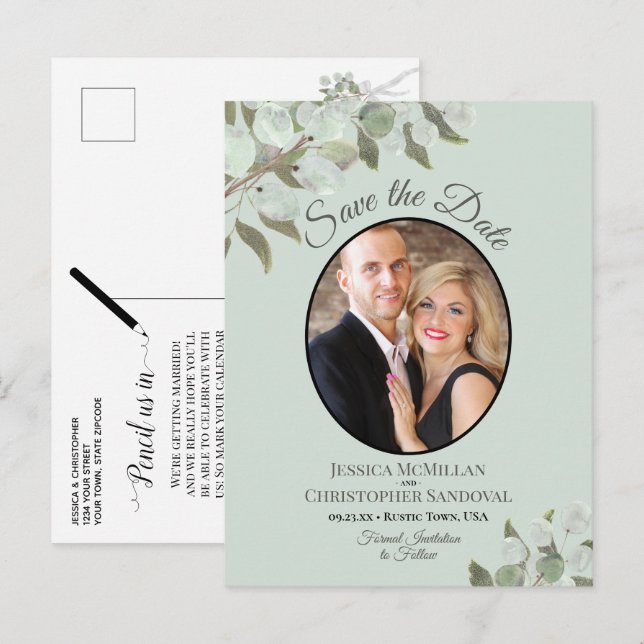 Eucalyptus on Mint Photo Wedding Save the Date Announcement Postcard (Front/Back)