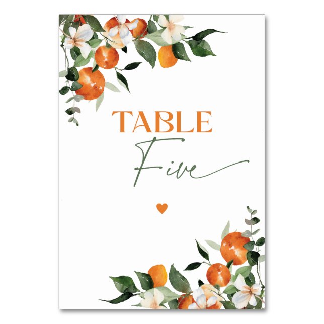 Eucalyptus oranges citrus theme table number Five (Front)