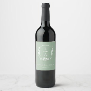 Eucalyptus Original Monogram Floral Crest Wedding Wine Label