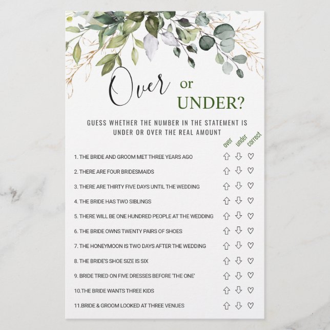 Eucalyptus Over Or Under Bridal Shower Game (Front)