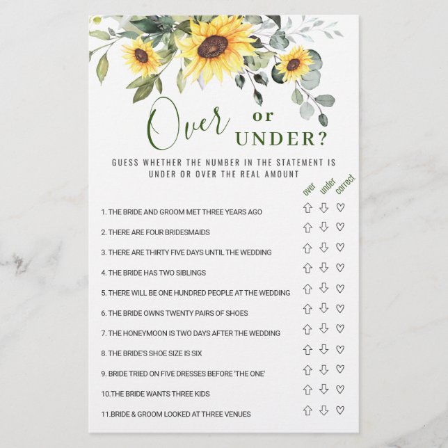 Eucalyptus Over Or Under Bridal Shower Game (Front)
