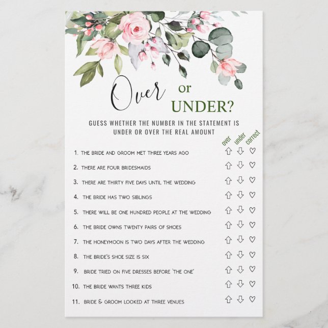 Eucalyptus Over Or Under Bridal Shower Game (Front)