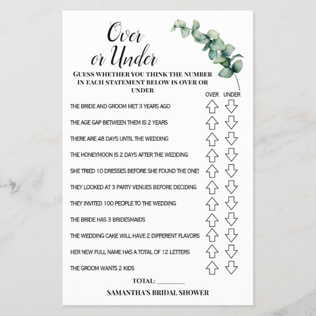 Eucalyptus Over or Under Bridal Shower Game Card (Front)